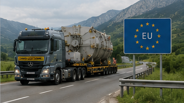 European exceptional transport convoy moving oversized industrial cargo between countries