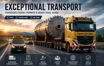 Exceptional transport convoy carrying oversized industrial cargo across Europe during sunset